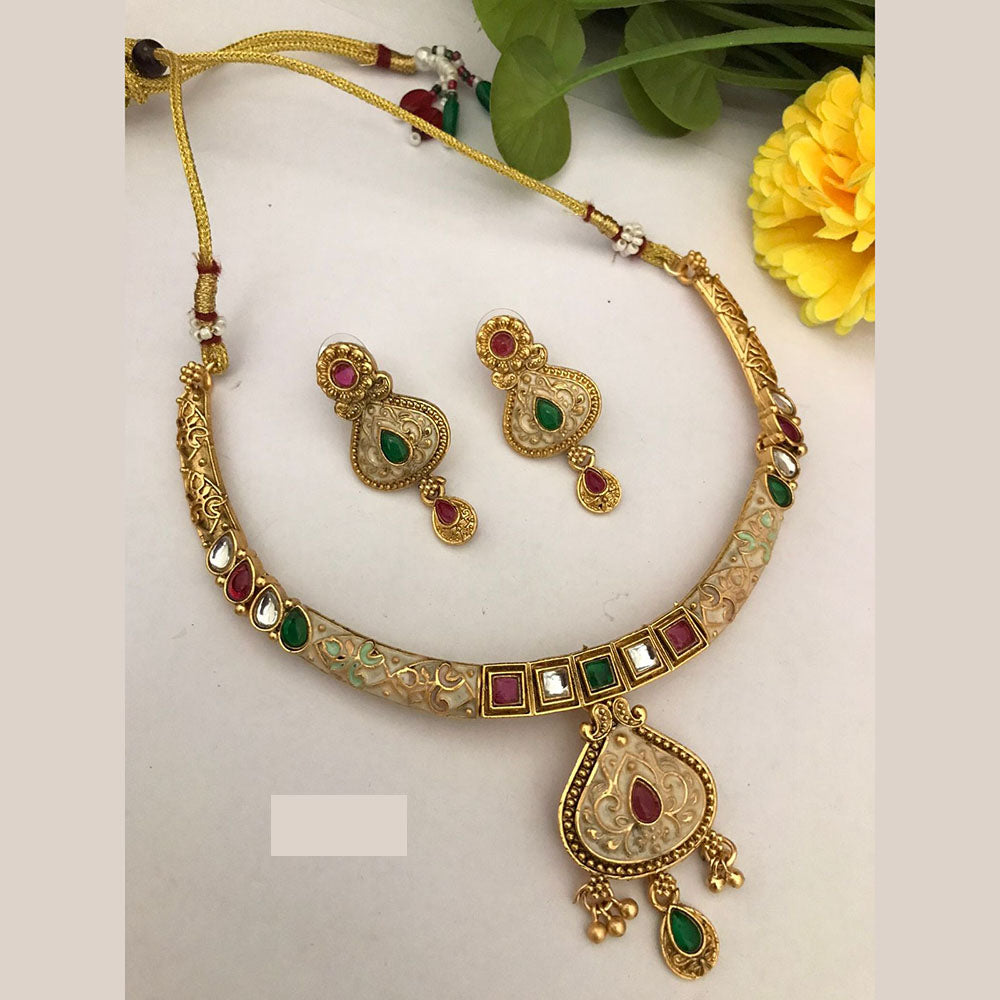 FS Collection Traditional Gold Plated Pota Stone Necklace Set For Wedding Occassions