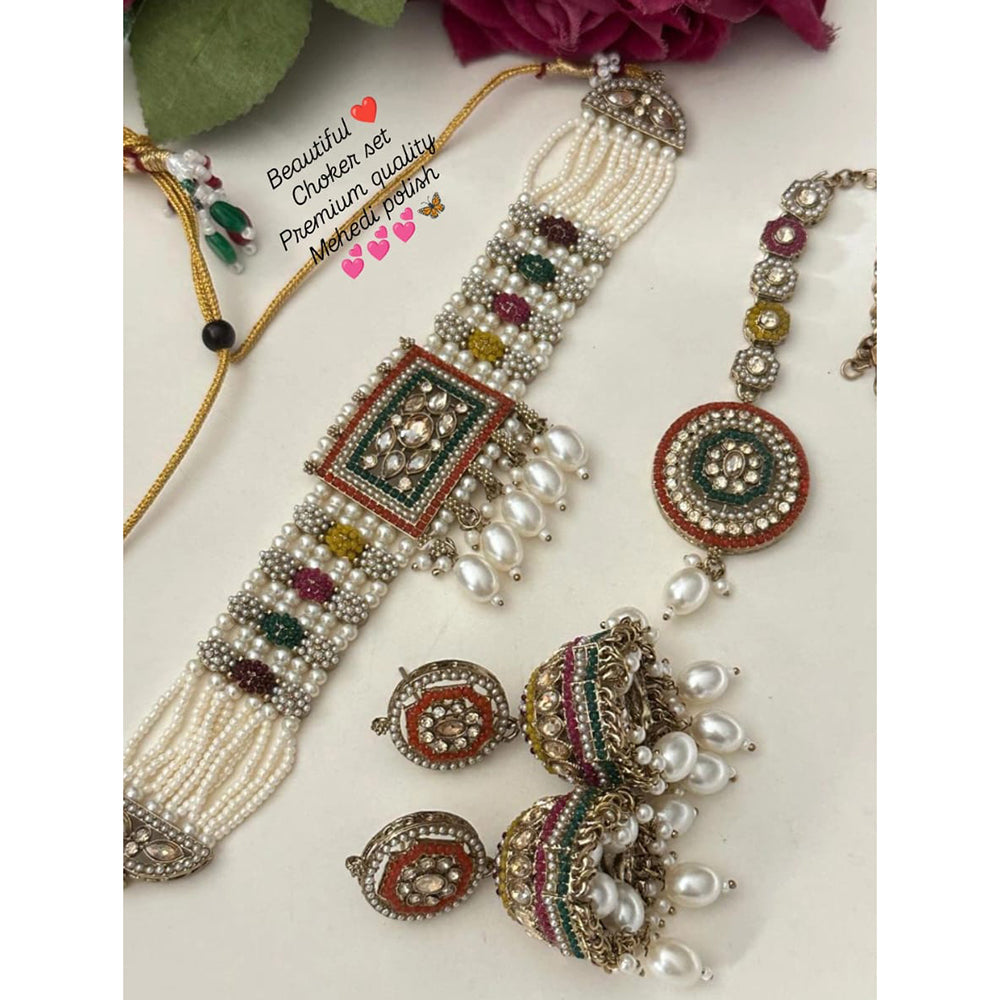 FS Collection Elegant Glow Kundan Stone Pearl And Beads Choker Necklace Set