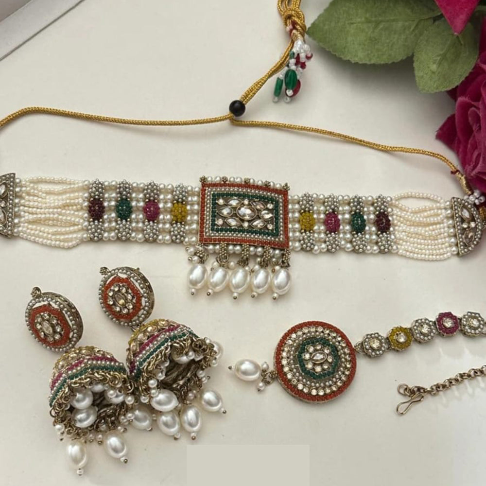 FS Collection Elegant Glow Kundan Stone Pearl And Beads Choker Necklace Set