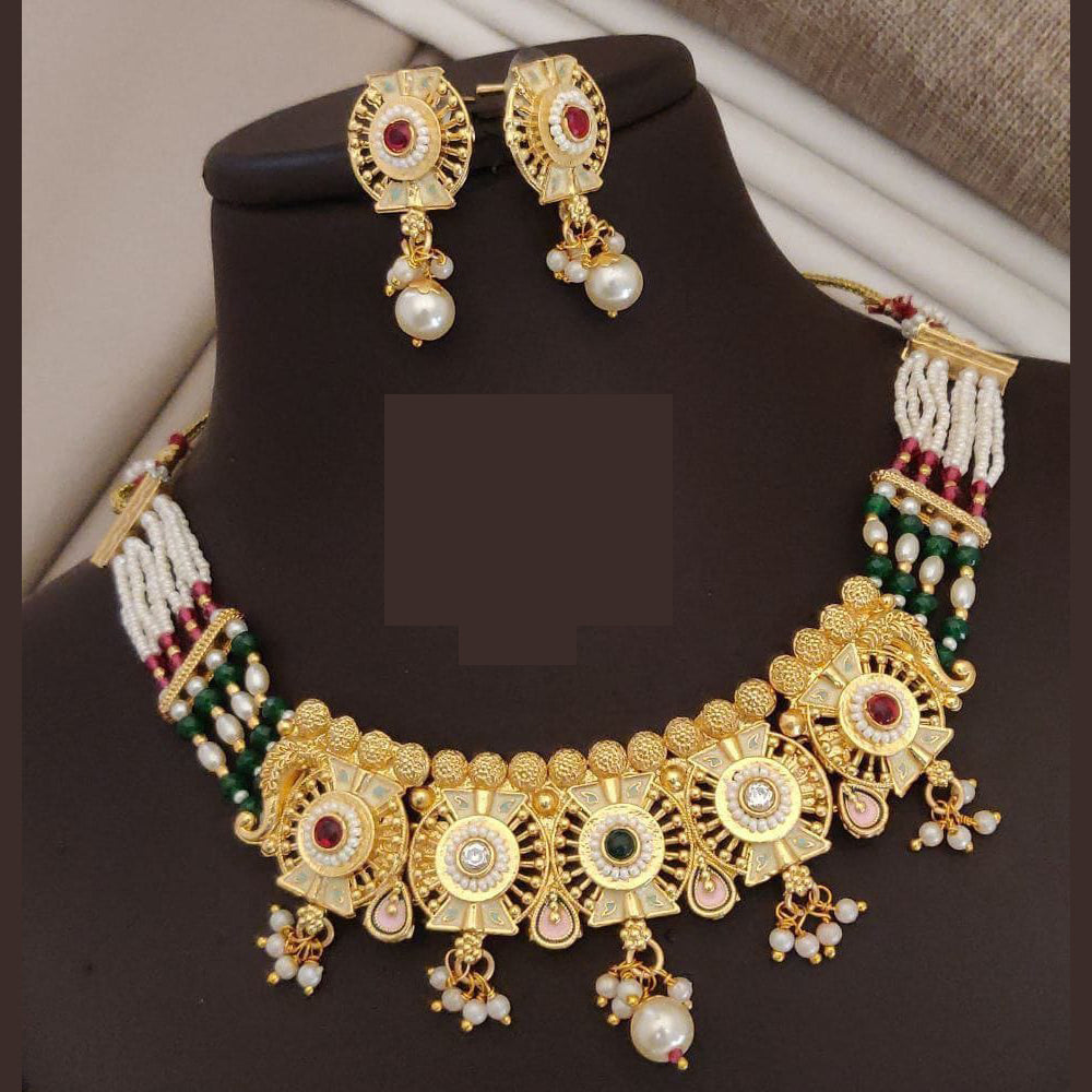 FS Collection Radiant Sparkle Pota Stone And Pearl Meenakari Necklace Set