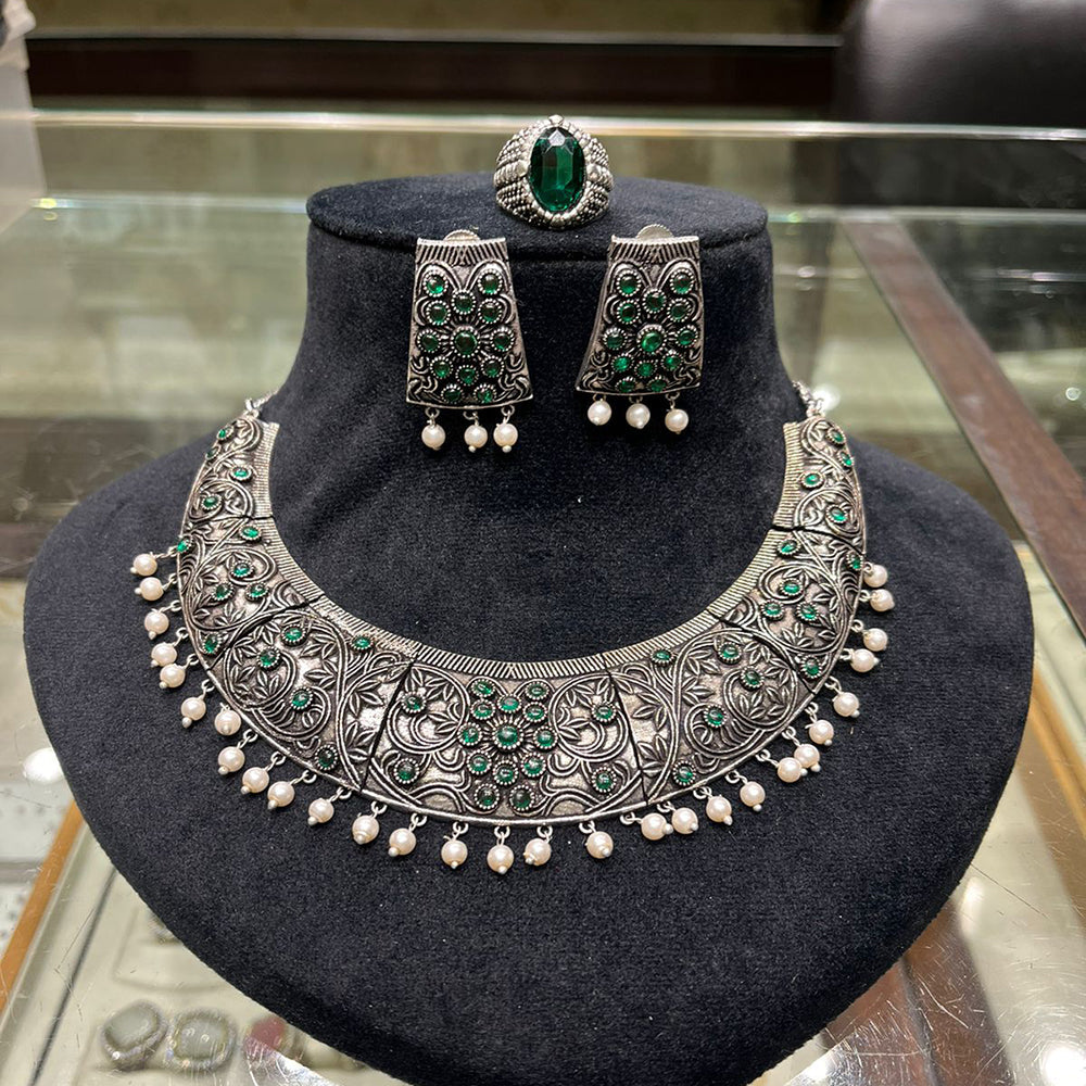 FS Collection Regal Shine Crystal Oxidised Necklace with Ethnic Inspired Design for Traditional Outfits