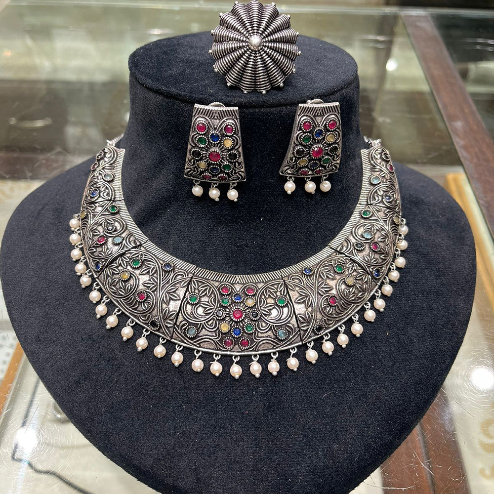 FS Collection Regal Shine Crystal Oxidised Necklace with Ethnic Inspired Design for Traditional Outfits