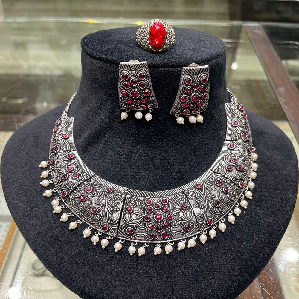 FS Collection Regal Shine Crystal Oxidised Necklace with Ethnic Inspired Design for Traditional Outfits