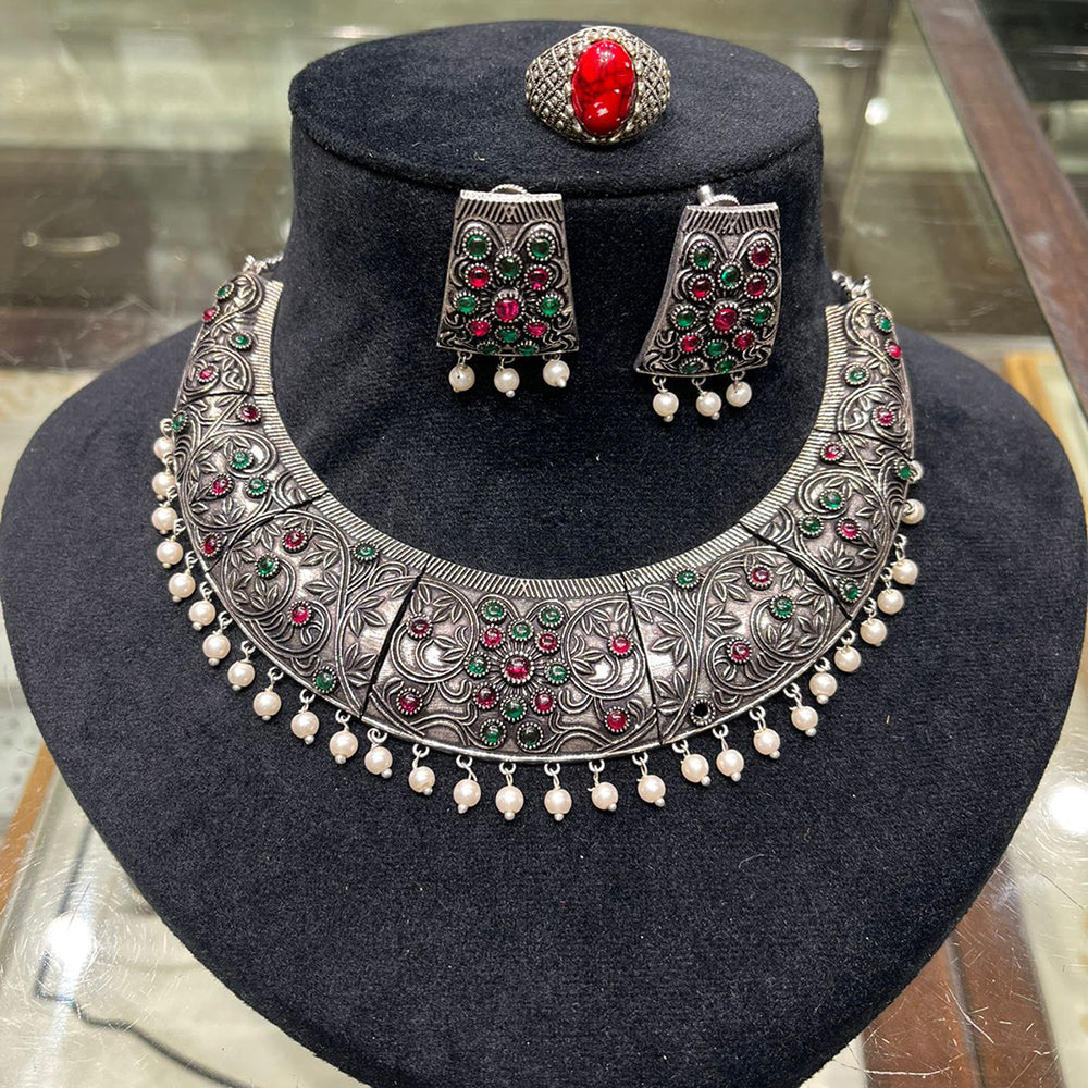 FS Collection Regal Shine Crystal Oxidised Necklace with Ethnic Inspired Design for Traditional Outfits