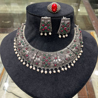 FS Collection Regal Shine Crystal Oxidised Necklace with Ethnic Inspired Design for Traditional Outfits