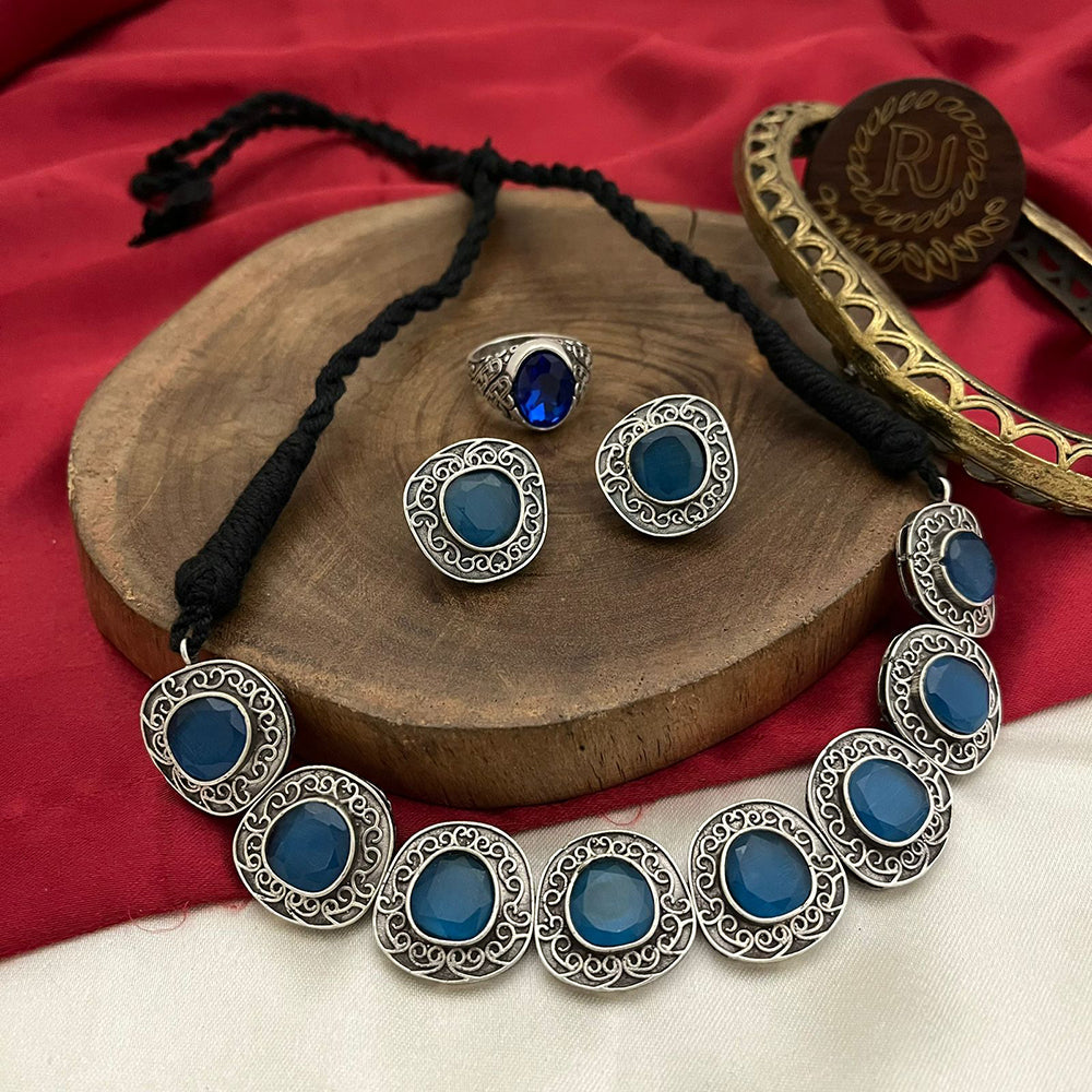 FS Collection Regal Shine Crystal Oxidised Necklace with Ethnic Inspired Design for Traditional Outfits
