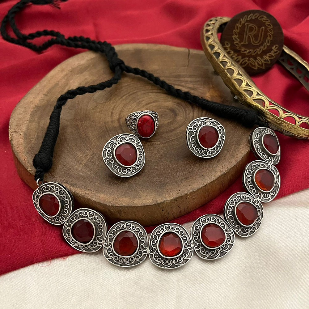 FS Collection Regal Shine Crystal Oxidised Necklace with Ethnic Inspired Design for Traditional Outfits
