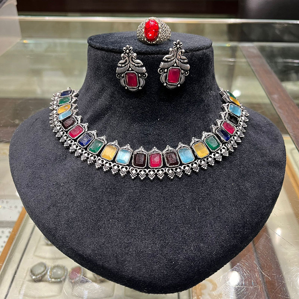 FS Collection Regal Shine Crystal Oxidised Necklace with Ethnic Inspired Design for Traditional Outfits