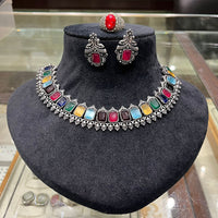 FS Collection Regal Shine Crystal Oxidised Necklace with Ethnic Inspired Design for Traditional Outfits