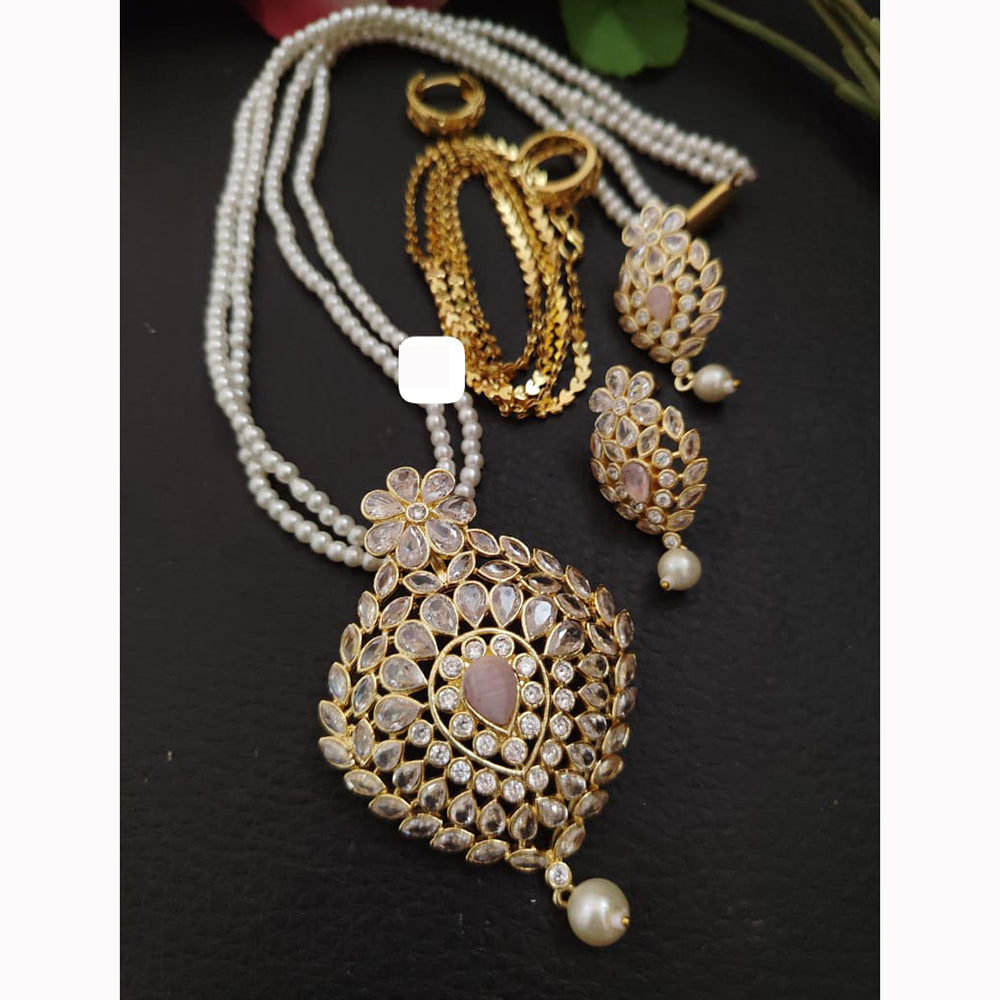 FS Collection Sparkling Elegance Crystal Long Necklace with Pearl Work for Traditional & Festive Looks