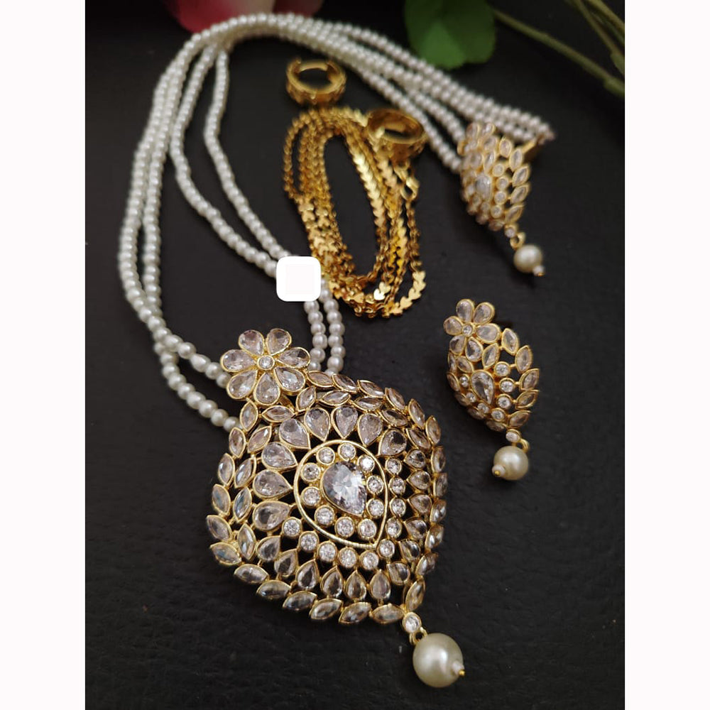 FS Collection Sparkling Elegance Crystal Long Necklace with Pearl Work for Traditional & Festive Looks