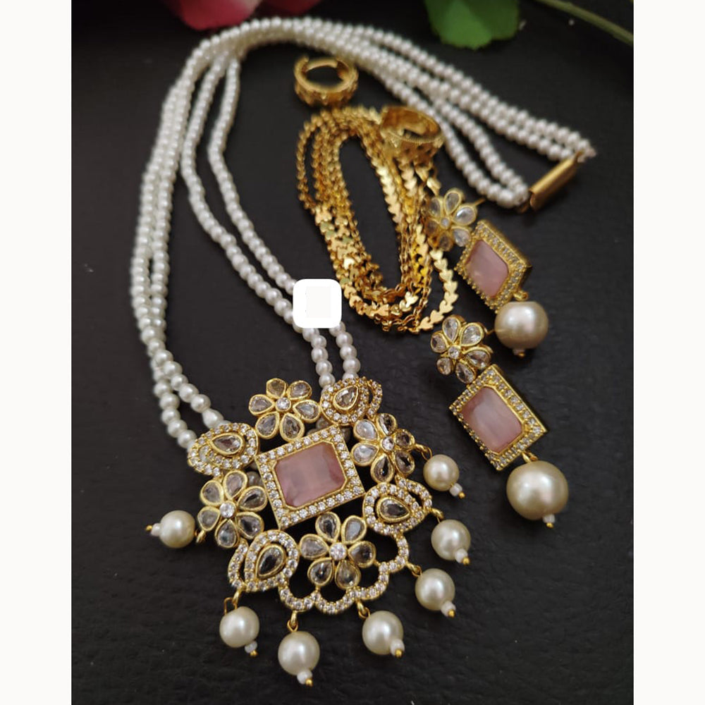 FS Collection Sparkling Elegance Crystal Long Necklace with Pearl Work for Traditional & Festive Looks