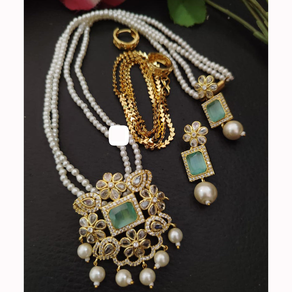 FS Collection Sparkling Elegance Crystal Long Necklace with Pearl Work for Traditional & Festive Looks