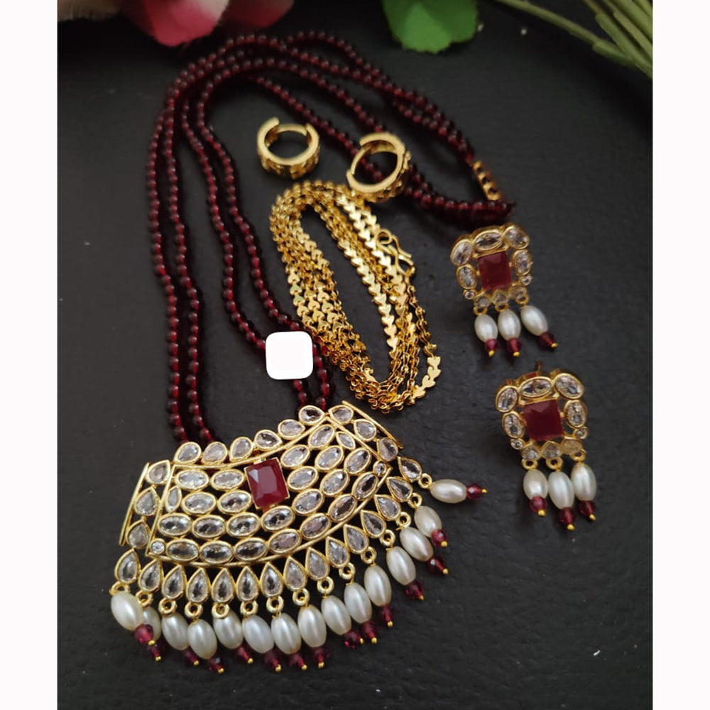FS Collection Sparkling Elegance Crystal Long Necklace with Pearl Work for Traditional & Festive Looks