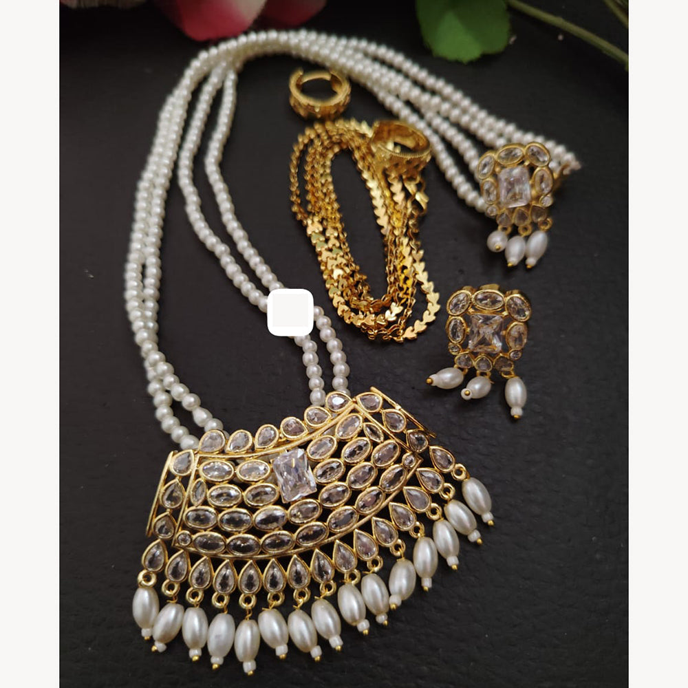 FS Collection Sparkling Elegance Crystal Long Necklace with Pearl Work for Traditional & Festive Looks