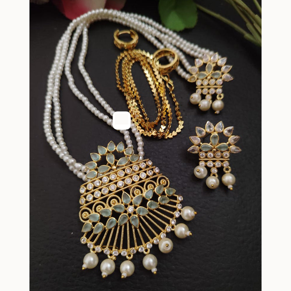 FS Collection Sparkling Elegance Crystal Long Necklace with Pearl Work for Traditional & Festive Looks