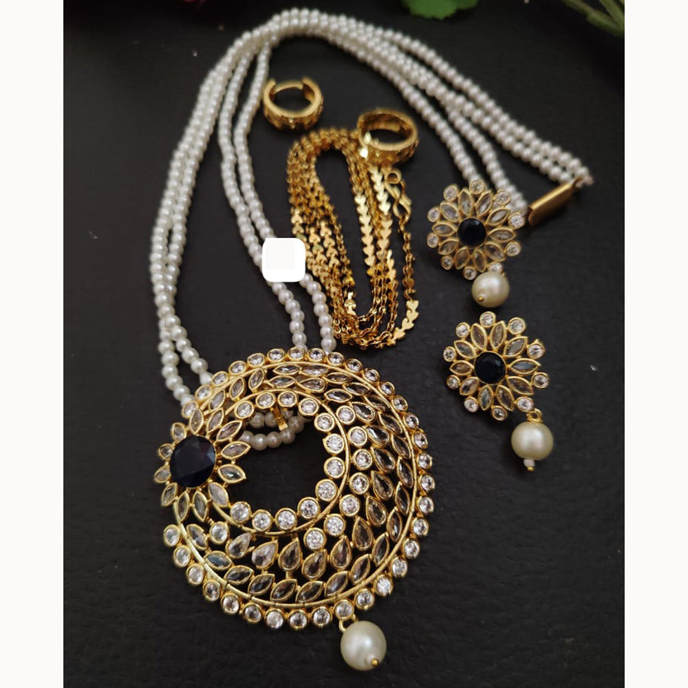 FS Collection Sparkling Elegance Crystal Long Necklace with Pearl Work for Traditional & Festive Looks