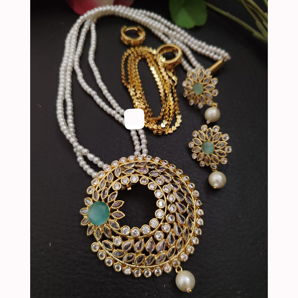 FS Collection Sparkling Elegance Crystal Long Necklace with Pearl Work for Traditional & Festive Looks