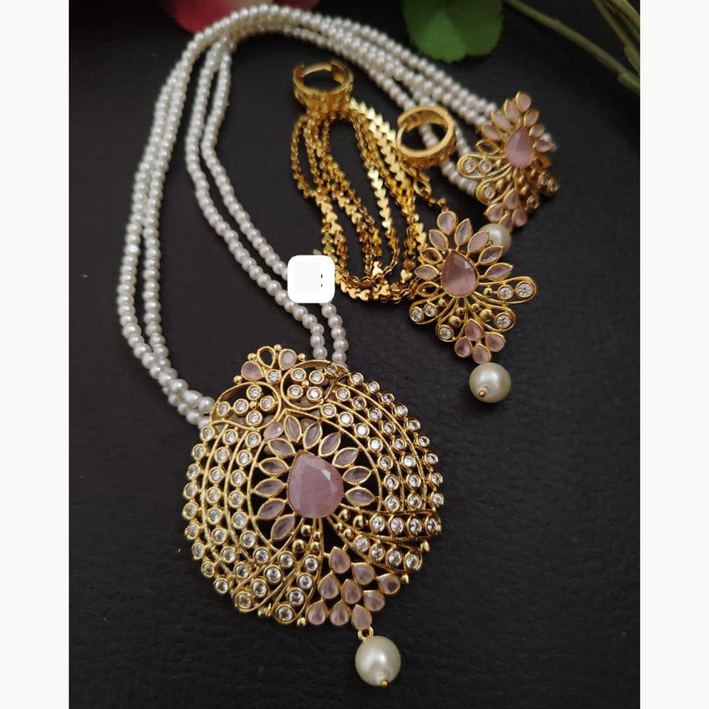 FS Collection Sparkling Elegance Crystal Long Necklace with Pearl Work for Traditional & Festive Looks