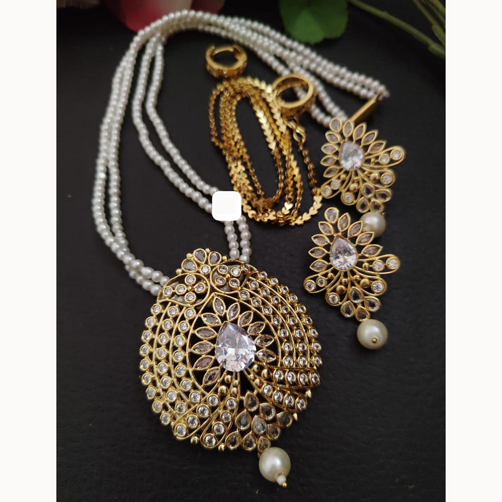 FS Collection Sparkling Elegance Crystal Long Necklace with Pearl Work for Traditional & Festive Looks