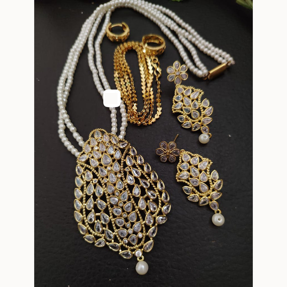 FS Collection Sparkling Elegance Crystal Long Necklace with Pearl Work for Traditional & Festive Looks