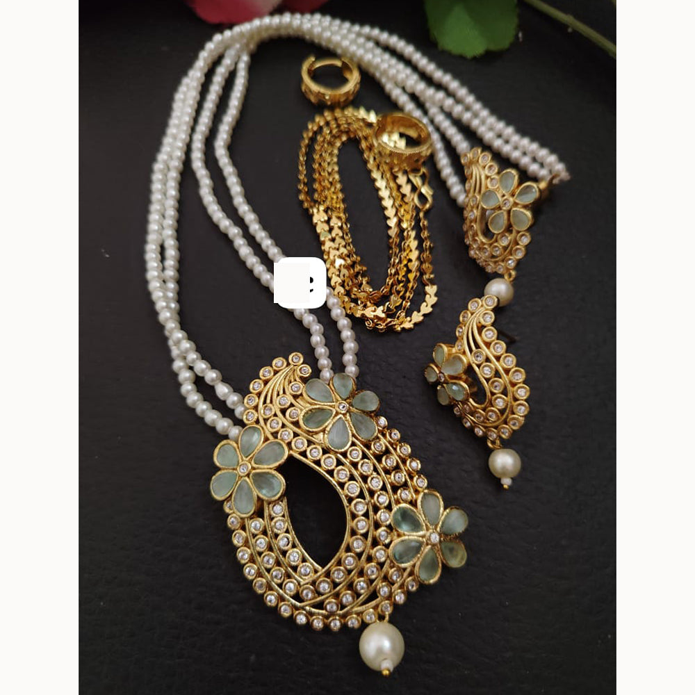 FS Collection Sparkling Elegance Crystal Long Necklace with Pearl Work for Traditional & Festive Looks