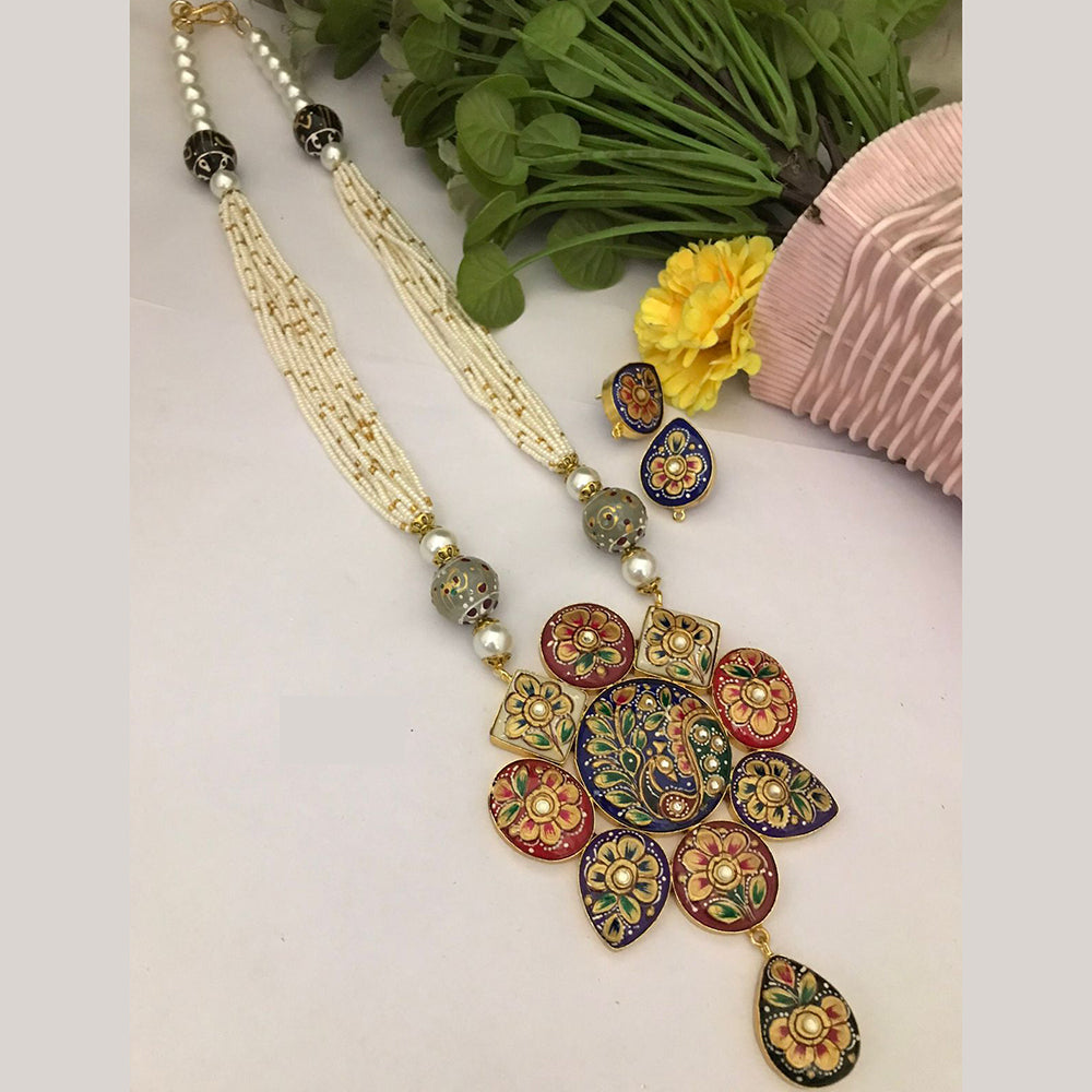 FS Collection Multicolor Meenakari Pearl Strand Long Necklace Set with Peacock Art