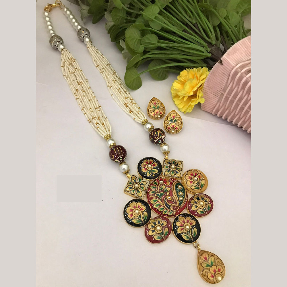FS Collection Multicolor Meenakari Pearl Strand Long Necklace Set with Peacock Art