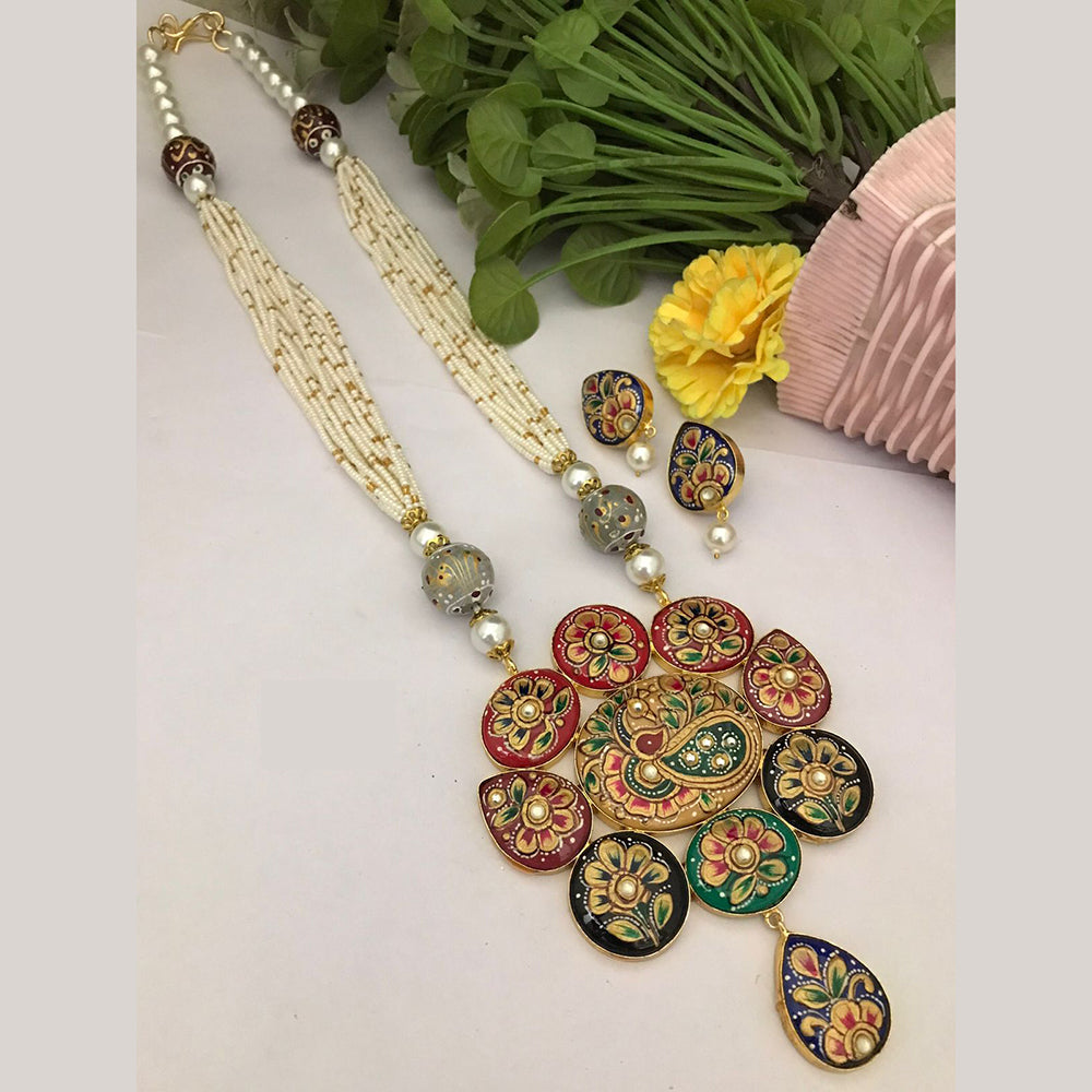 FS Collection Multicolor Meenakari Pearl Strand Long Necklace Set with Peacock Art