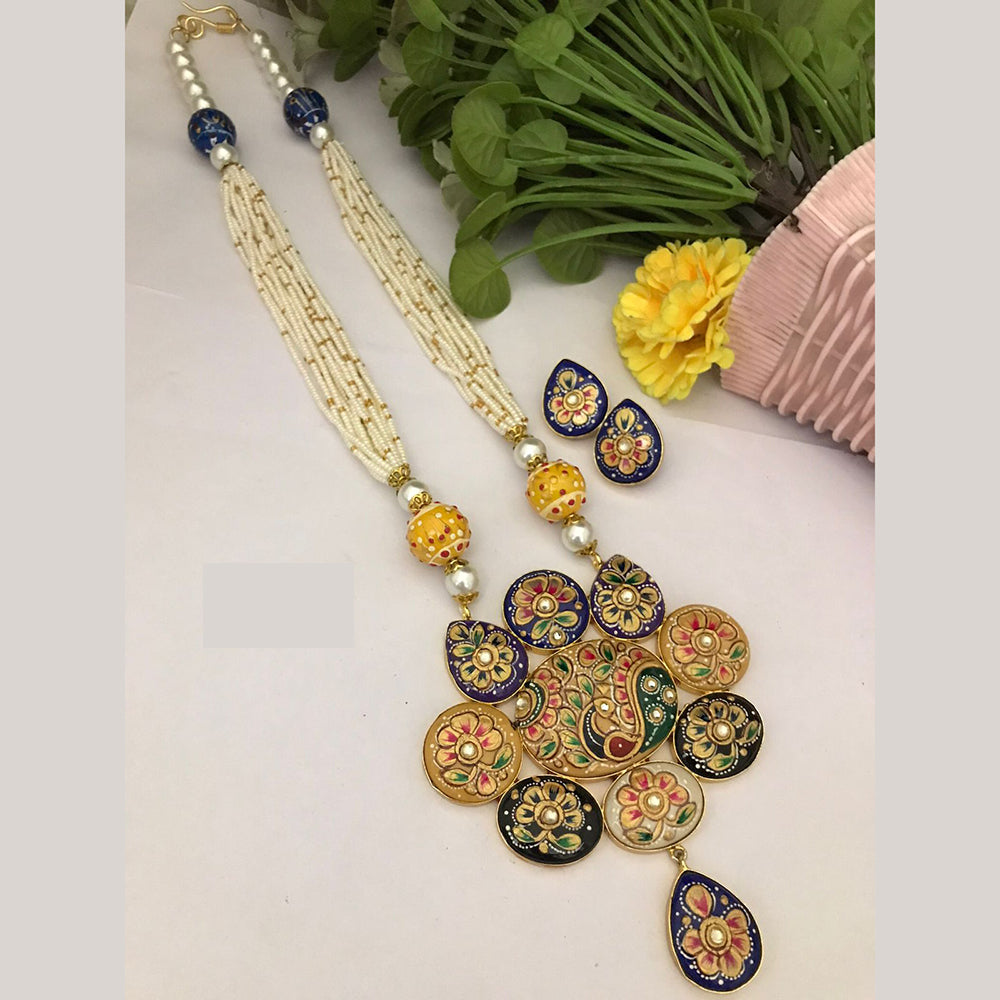 FS Collection Multicolor Meenakari Pearl Strand Long Necklace Set with Peacock Art