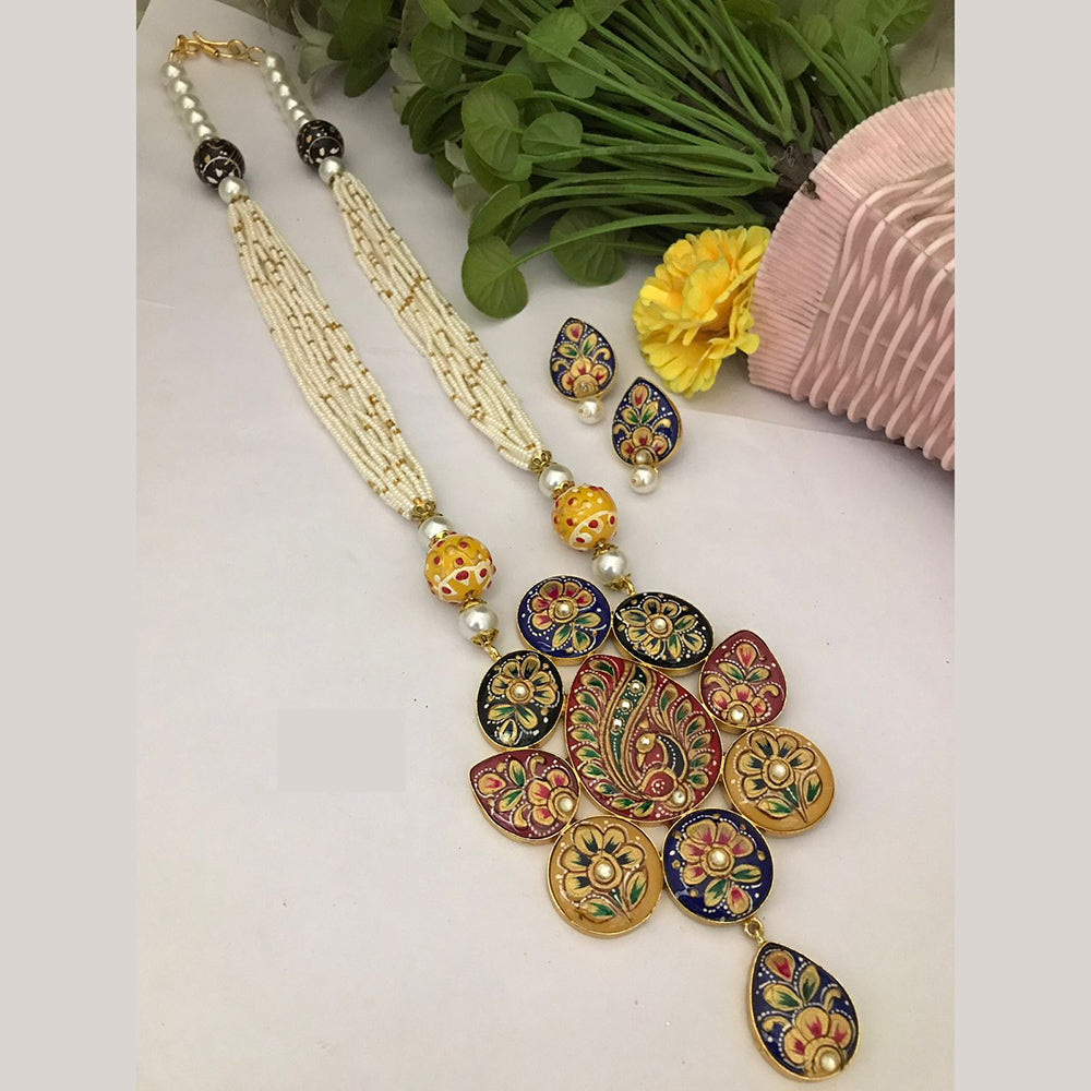 FS Collection Multicolor Meenakari Pearl Strand Long Necklace Set with Peacock Art