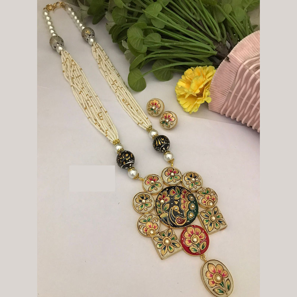FS Collection Multicolor Meenakari Pearl Strand Long Necklace Set with Peacock Art