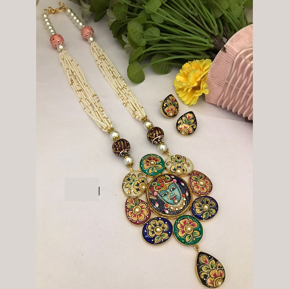 FS Collection Royal Look Krishna Pendant Meenakari Long Necklace Set with Earrings