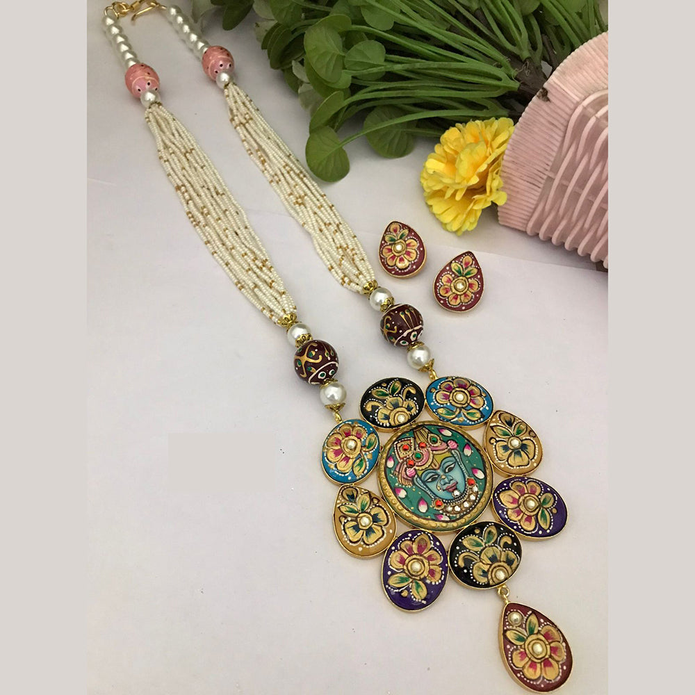 FS Collection Royal Look Krishna Pendant Meenakari Long Necklace Set with Earrings