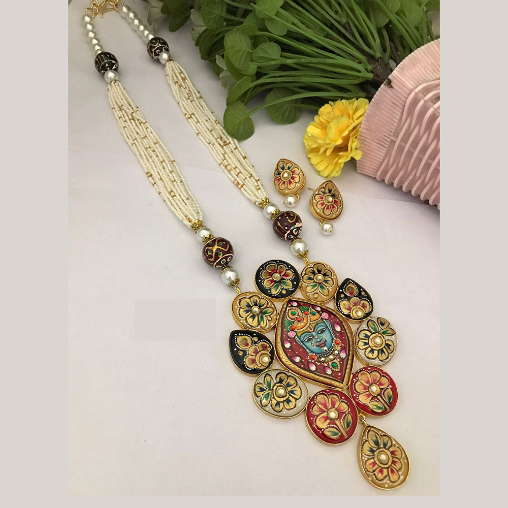 FS Collection Royal Look Krishna Pendant Meenakari Long Necklace Set with Earrings