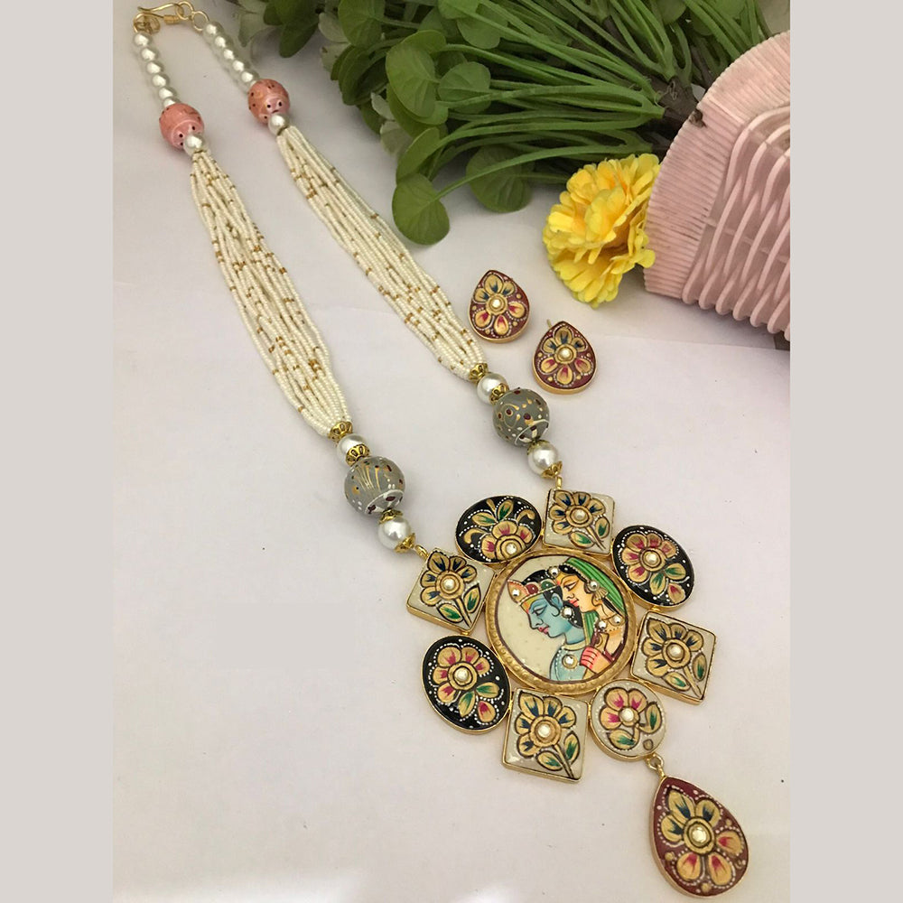 FS Collection Royal Look Krishna Pendant Meenakari Long Necklace Set with Earrings