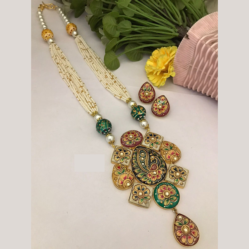 FS Collection Multicolor Meenakari Pearl Strand Long Necklace Set with Peacock Art