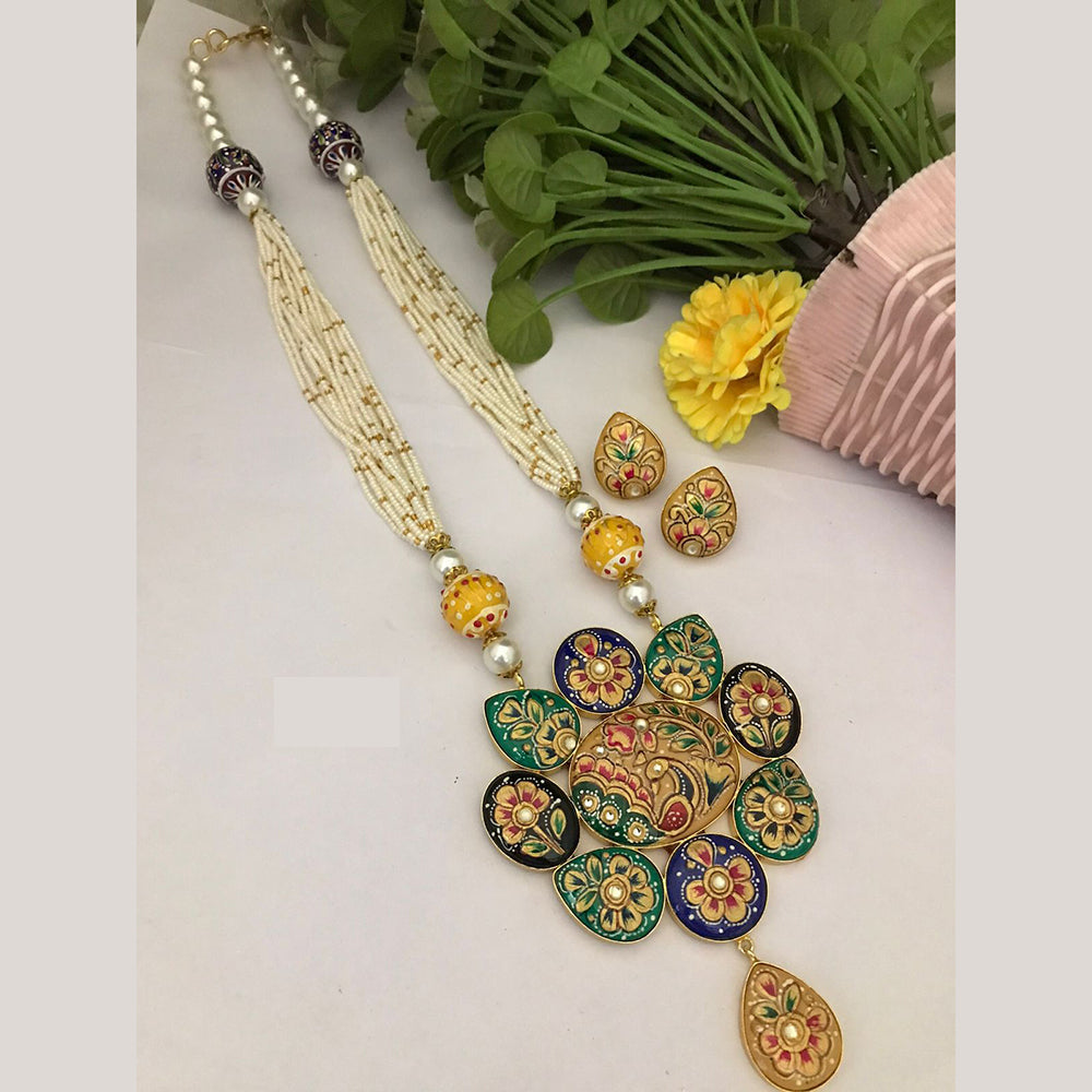 FS Collection Multicolor Meenakari Pearl Strand Long Necklace Set with Peacock Art