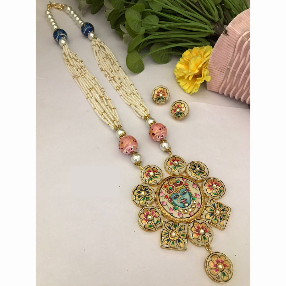 FS Collection Royal Look Krishna Pendant Meenakari Long Necklace Set with Earrings