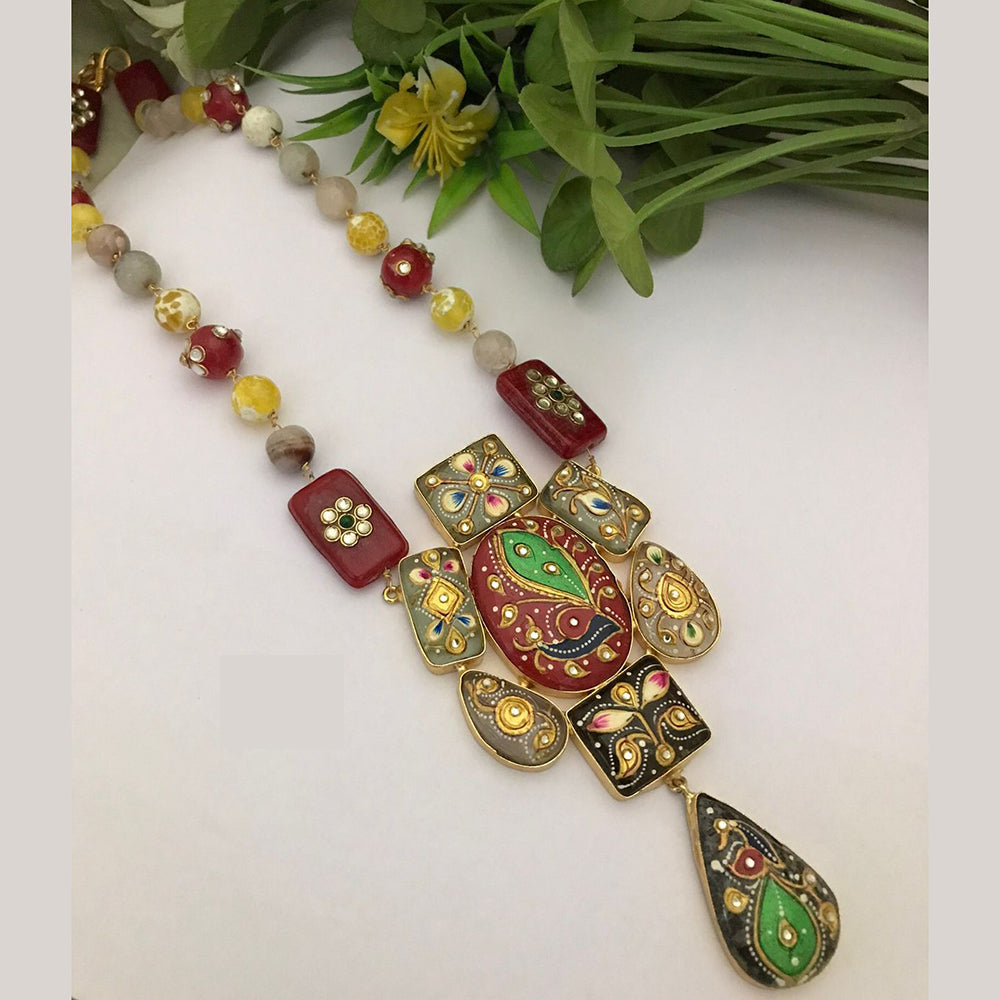 FS Collection Multicolor Meenakari Beads Strand Long Necklace Set with Peacock Art