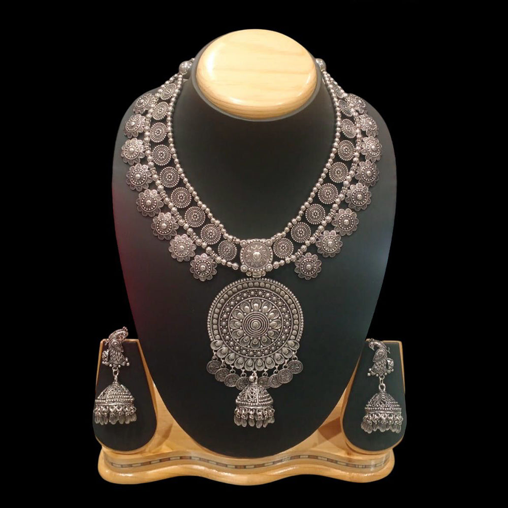 FS Collection Heritage Style Oxidised And Mirror Long Necklace Jewelry Set for Garba & Folk Dance