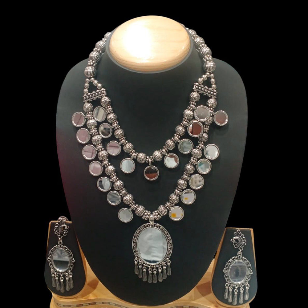 FS Collection Heritage Style Oxidised Mirror Double Necklace Jewelry Set for Garba & Folk Dance