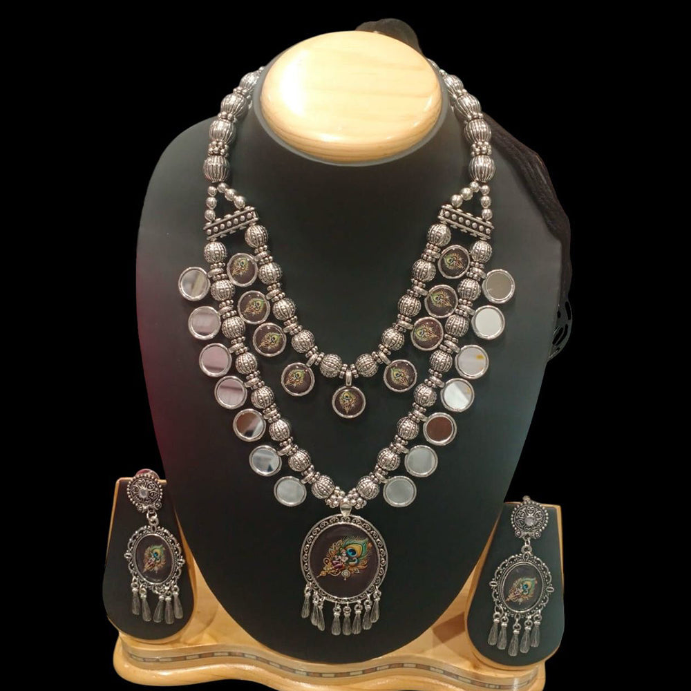 FS Collection Heritage Style Oxidised Mirror Double Necklace Jewelry Set for Garba & Folk Dance