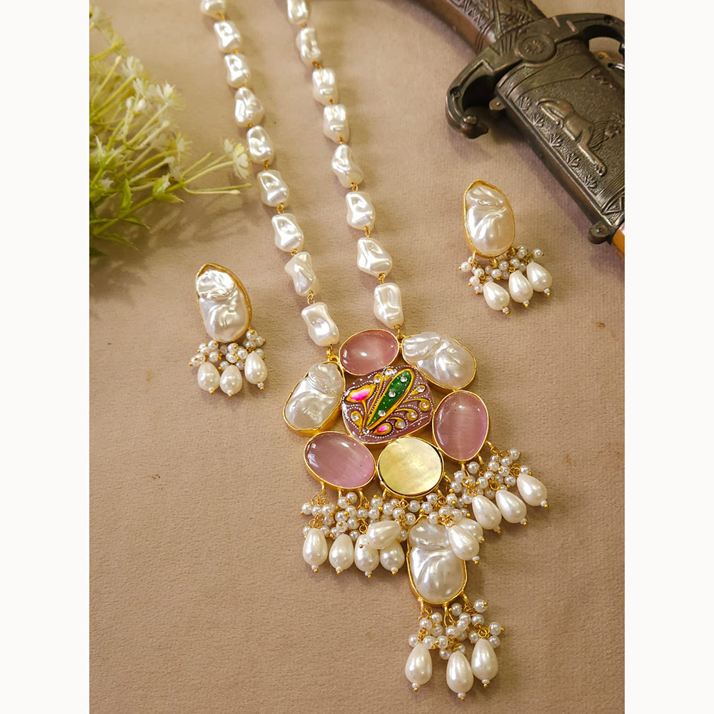 FS Collection Modern Look Mother Of Pearl Stone Necklace Set For Special Occassions