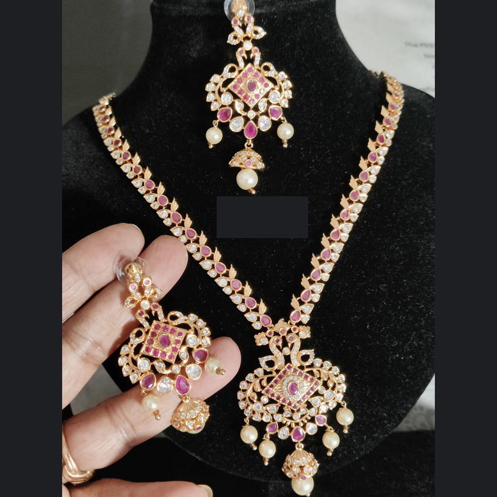 FS Collection Gold Plated  Crystal Stone And Pearl Necklace Set For Special Occassions