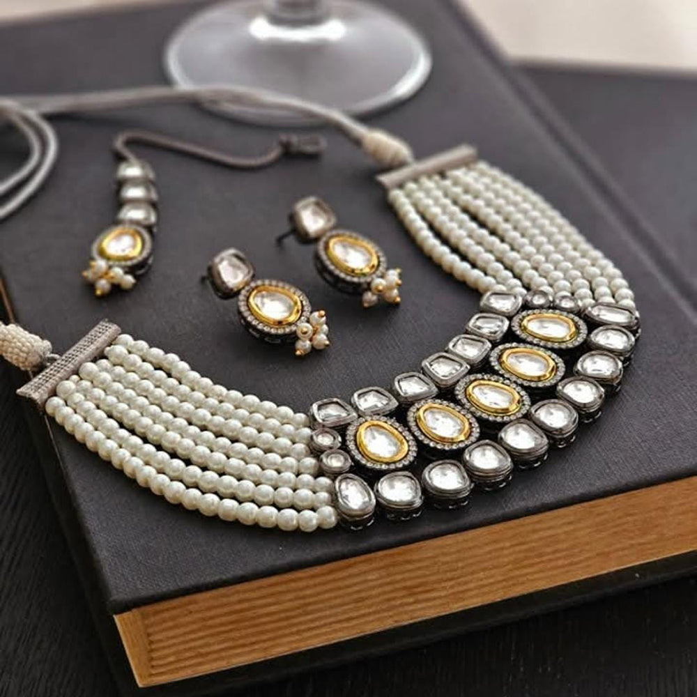 FS Collection Premium Glow Kundan Stone And Pearl  Choker Necklace Set