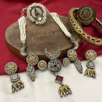 FS Collection Traditional Oxidised 2 Tone Long Necklace set with pota stone work