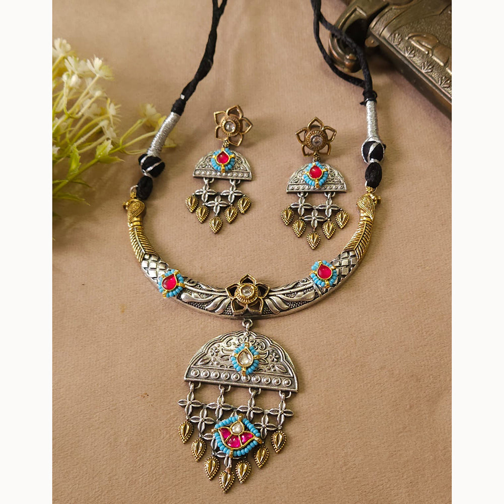 FS Collection Traditional Oxidised 2 Tone Necklace set with pota stone work