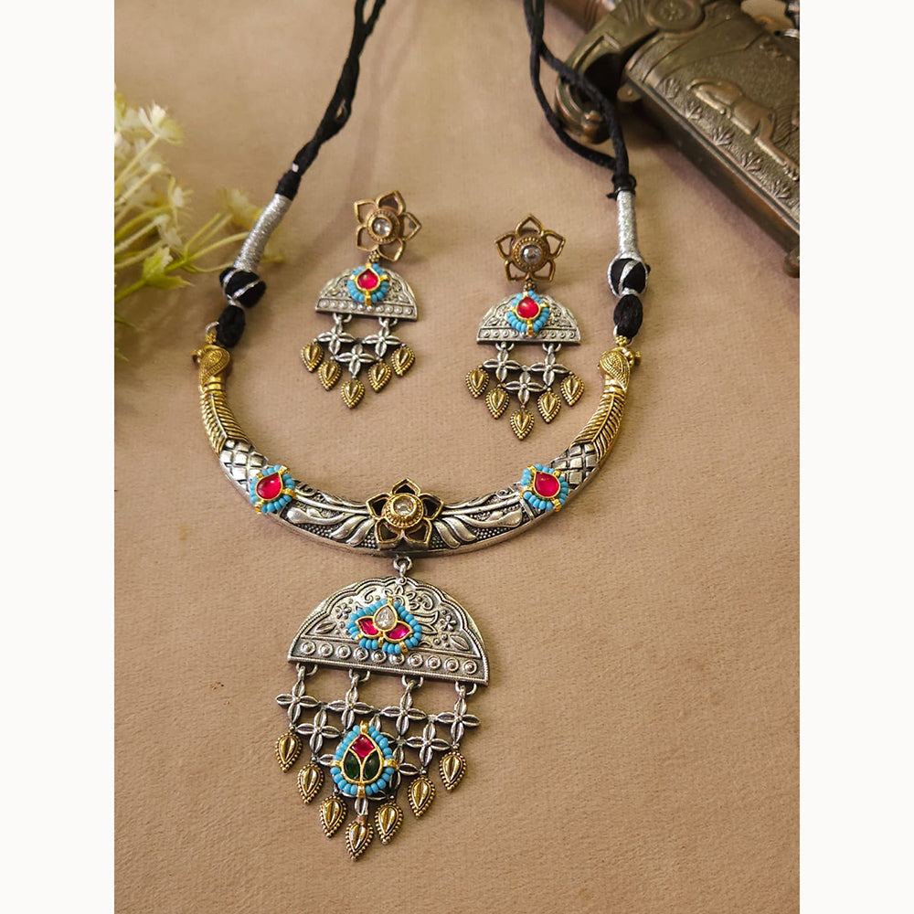 FS Collection Traditional Oxidised 2 Tone Necklace set with pota stone work