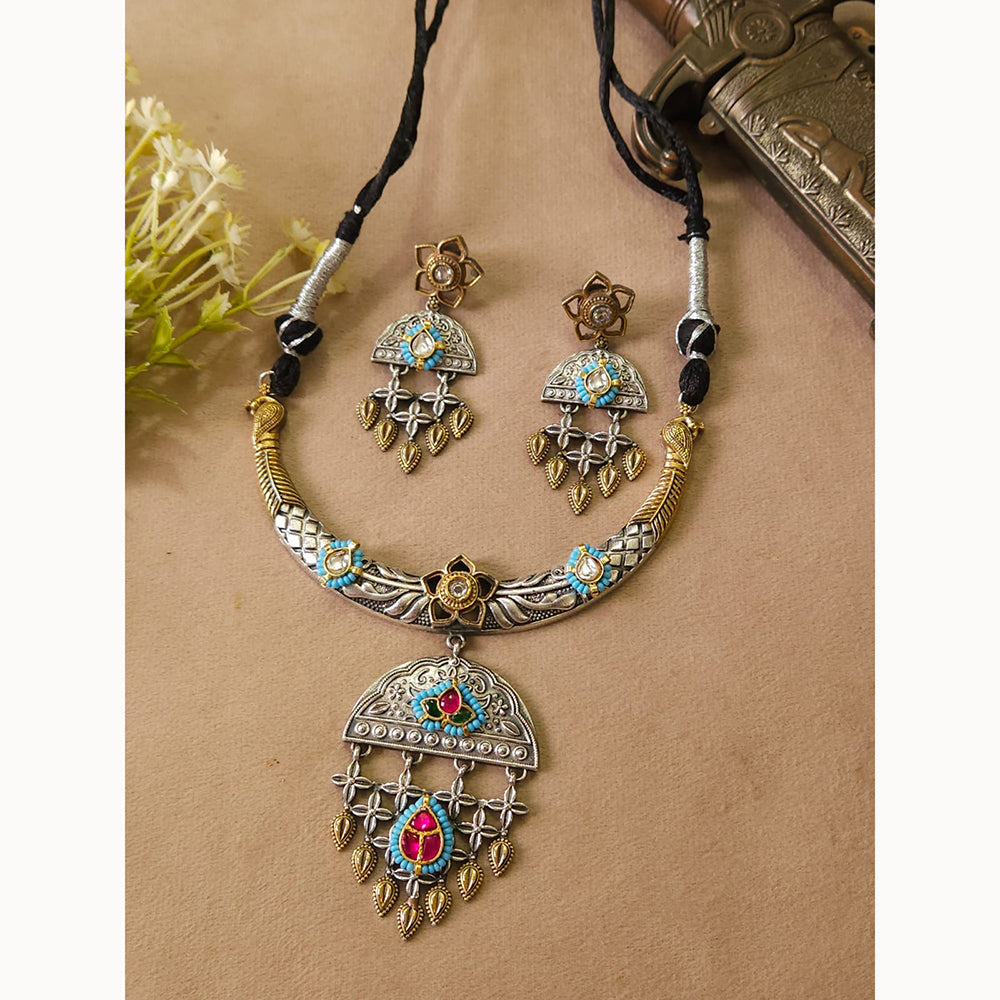 FS Collection Traditional Oxidised 2 Tone Necklace set with pota stone work